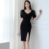 Polyester front slit Sexy Package Hip Dresses slimming & deep V Chiffon patchwork Solid black PC