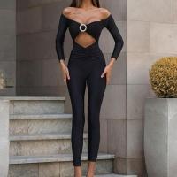 Polyester Long Jumpsuit & off shoulder & hollow patchwork Solid black PC