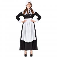 Polyester Women Maid Costume & four piece dress & apron & hat & shawl Solid white and black Set