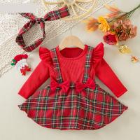 Cotton Slim Girl One-piece Dress & two piece & fake two piece Hair Band & skirt patchwork plaid Set
