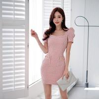 Polyester Slim Sexy Package Hip Dresses printed plaid PC