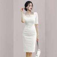 Polyester Slim Sexy Package Hip Dresses patchwork Solid white PC