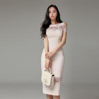 Polyester Slim Sexy Package Hip Dresses back split patchwork Solid pink PC