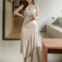 Polyester front slit & High Waist Two-Piece Dress Set & two piece printed Apricot Set