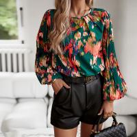 Polyester Women Long Sleeve Shirt & loose & breathable printed green PC