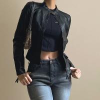 PU Leather & Polyester Slim Women Coat printed black PC