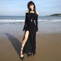 Spandex & Cotton Slim One-piece Dress side slit black PC