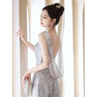 Polyester Plus Size Long Evening Dress backless & short front long back patchwork Solid silver PC