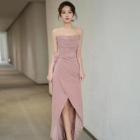 Polyester Plus Size Long Evening Dress & short front long back & tube patchwork Solid pink PC