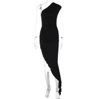 Polyester Sexy Package Hip Dresses irregular & One Shoulder patchwork Solid black PC