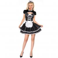 Lace & Spandex Sexy Maid Costume & three piece dress & apron & hair band Solid black Set