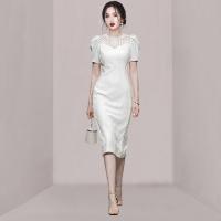Lace & Polyester Slim & Step Skirt Sexy Package Hip Dresses patchwork Solid white PC