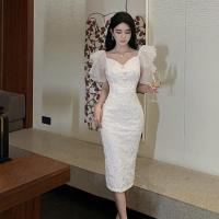Lace & Polyester Slim Sexy Package Hip Dresses patchwork Solid white PC