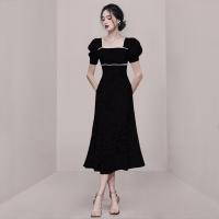 Polyester Waist-controlled One-piece Dress slimming patchwork Solid black PC