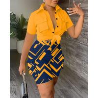 Polyester Plus Size Women Casual Set & with pocket short & short sleeve shirt printed Set