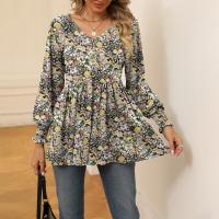 Polyester & Cotton Waist-controlled Women Long Sleeve T-shirt & loose printed floral PC