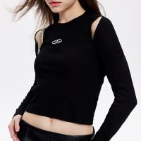 Spandex & Polyester & Cotton Women Long Sleeve T-shirt backless & hollow embroidered letter PC