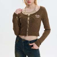 Viscose & Spandex & Polyester Women Long Sleeve T-shirt midriff-baring & fake two piece embroidered letter PC