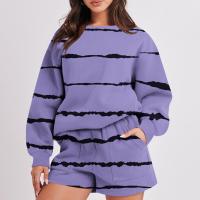 Polyester Plus Size Women Casual Set & two piece & loose Sweatshirt & short striped Set