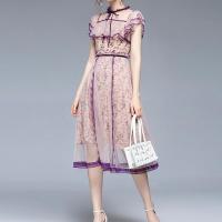 Gauze & Polyester High Waist One-piece Dress patchwork shivering light purple PC