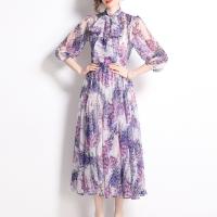 Polyester Waist-controlled One-piece Dress large hem design & slimming printed purple PC