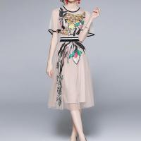 Gauze Waist-controlled One-piece Dress embroidered Apricot PC
