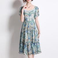 Chiffon One-piece Dress large hem design & slimming patchwork blue PC