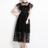 Gauze & Lace Waist-controlled & Layered One-piece Dress slimming patchwork Solid black PC