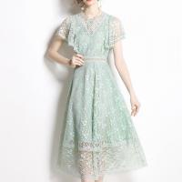 Lace Waist-controlled One-piece Dress slimming crochet Solid green PC