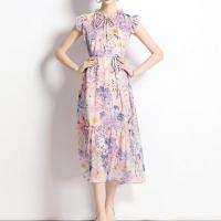 Chiffon Waist-controlled Two-Piece Dress Set slimming printed light purple Set