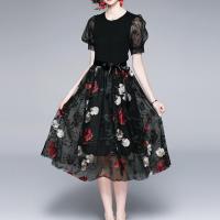 Knitted & Gauze High Waist One-piece Dress large hem design embroidered black PC