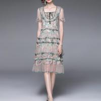 Gauze & Chiffon Layered & High Waist One-piece Dress slimming printed PC