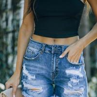 Denim Ripped Women Hot Pant & breathable Solid blue PC
