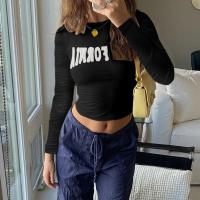 Polyester Slim Women Long Sleeve T-shirt midriff-baring embroidered letter PC