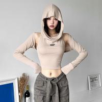 Polyester Slim Women Long Sleeve Blouses midriff-baring & two piece patchwork Solid Apricot :L Set