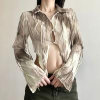 Polyester Slim Women Long Sleeve T-shirt midriff-baring patchwork Solid khaki PC