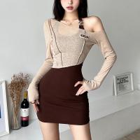 Polyester Sexy Package Hip Dresses & two piece & off shoulder patchwork Solid brown Set