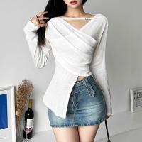 Polyester Slim Women Long Sleeve T-shirt irregular patchwork Solid white and black PC