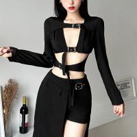 Polyester Slim Women Long Cardigan & hollow patchwork Solid black PC