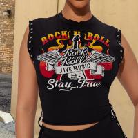 Polyester Crop Top Tank Top & off shoulder & sweat absorption printed black PC
