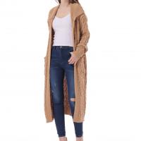 Wool Women Long Cardigan mid-long style & with pocket knitted camel : PC