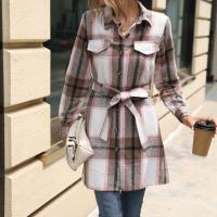 Woollen Cloth A-line Autumn and Winter Dress & with belt printed plaid PC