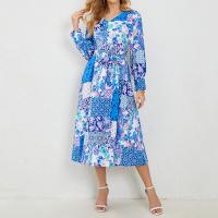 Polyester One-piece Dress large hem design & mid-long style & with belt printed floral blue PC