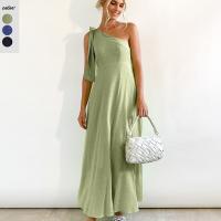 Polyester Slim & High Waist Slip Dress & One Shoulder Solid PC