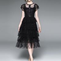 Gauze & Lace Layered One-piece Dress slimming Solid black PC