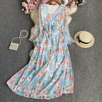 Polyester Waist-controlled & Soft & long style One-piece Dress deep V printed : PC