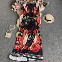 Polyester Einteiliges Kleid, Gedruckt, Pflanze, Schwarz,  Stück