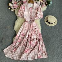 Polyester long style One-piece Dress slimming & breathable printed floral pink PC