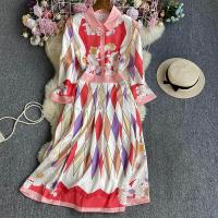 Polyester Waist-controlled & long style One-piece Dress slimming printed red PC
