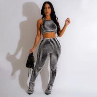 Polyester Women Casual Set midriff-baring & two piece Pants & top striped black Set